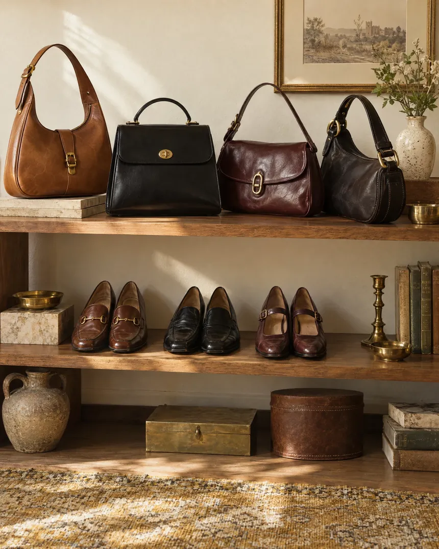 Prateleira de madeira com bolsas de couro e sapatos femininos organizados