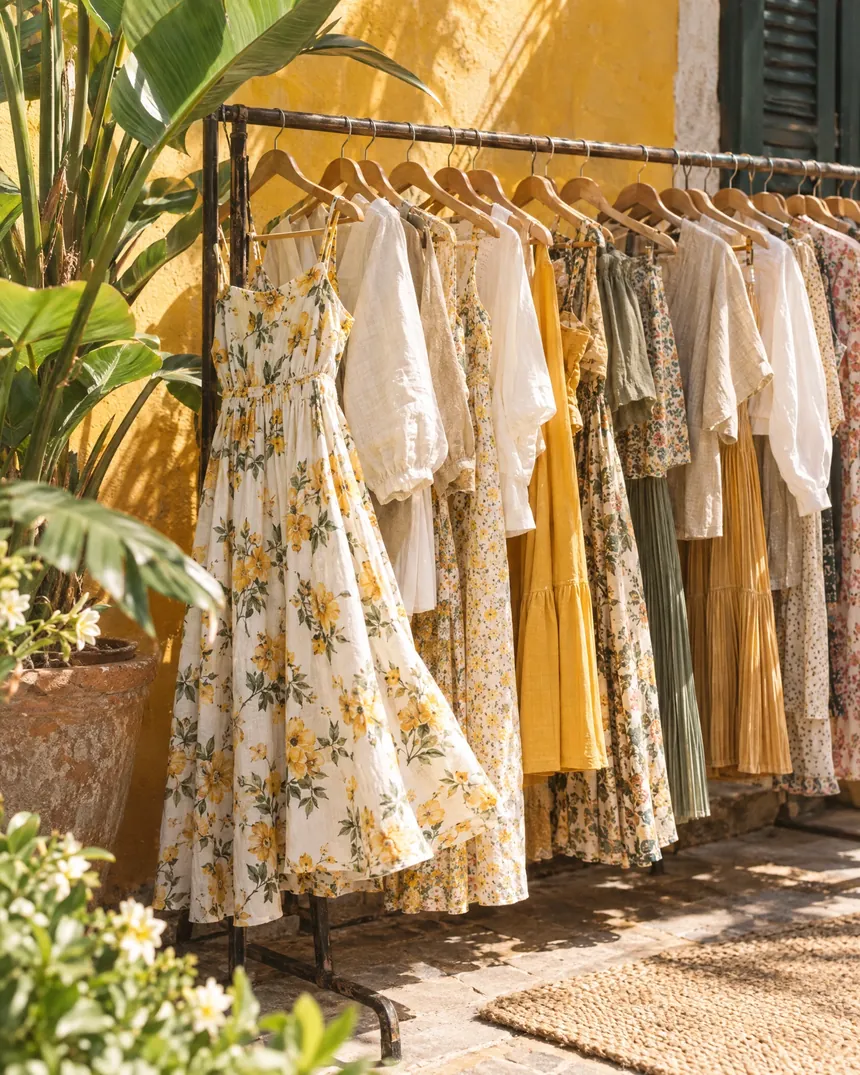 Arara com vestidos florais, blusas de linho e saias plissadas ao lado de uma parede amarela