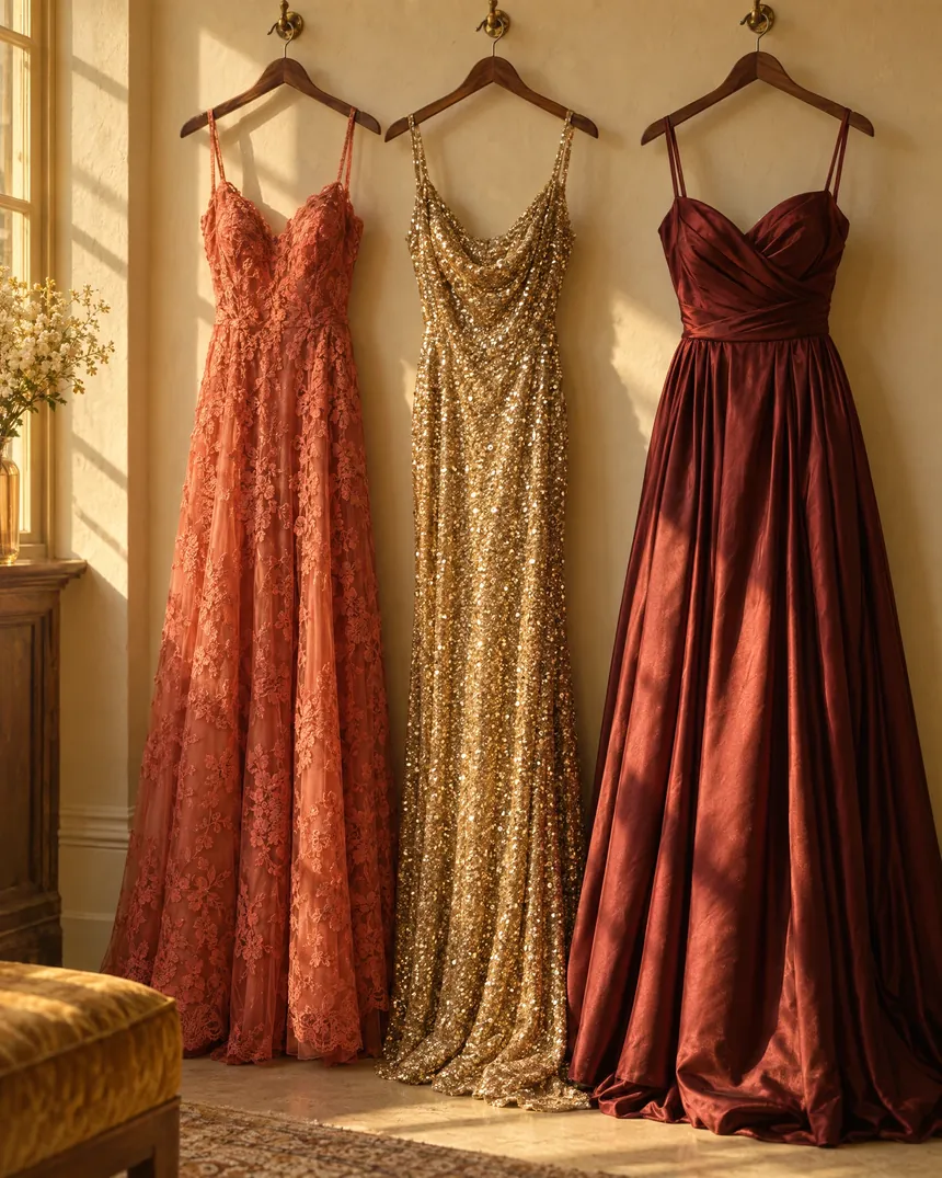 Vestidos de festa longos em renda coral, dourado e vinho pendurados em cabides de madeira