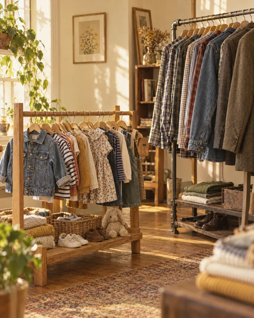 Araras com roupas infantis e masculinas, incluindo jaqueta jeans e camisas xadrez