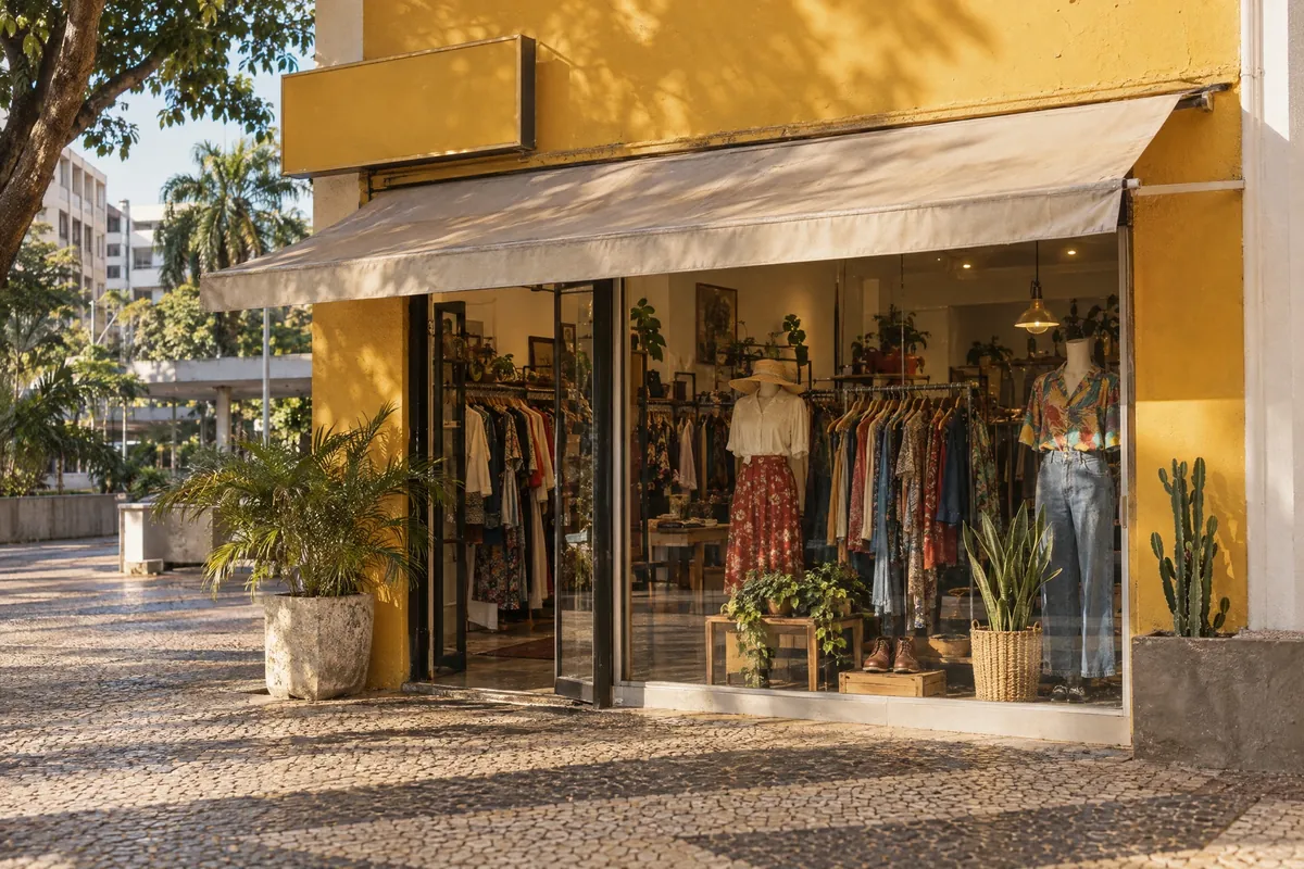 Fachada amarela da loja Rozilda Brechó na Asa Norte, com vitrine de roupas e plantas na calçada